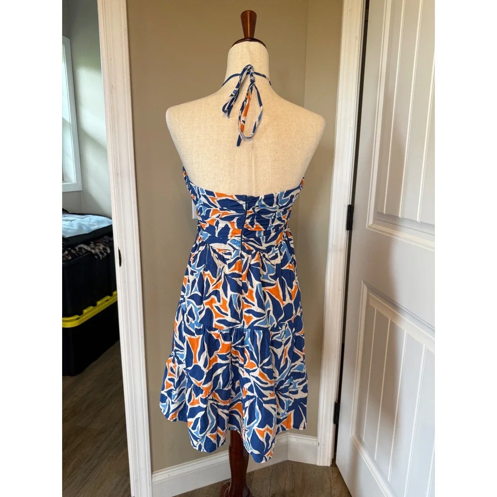 Pants Store Womens Blue Orange Abstract Leaf Print Halter Tiered Mini Dress M